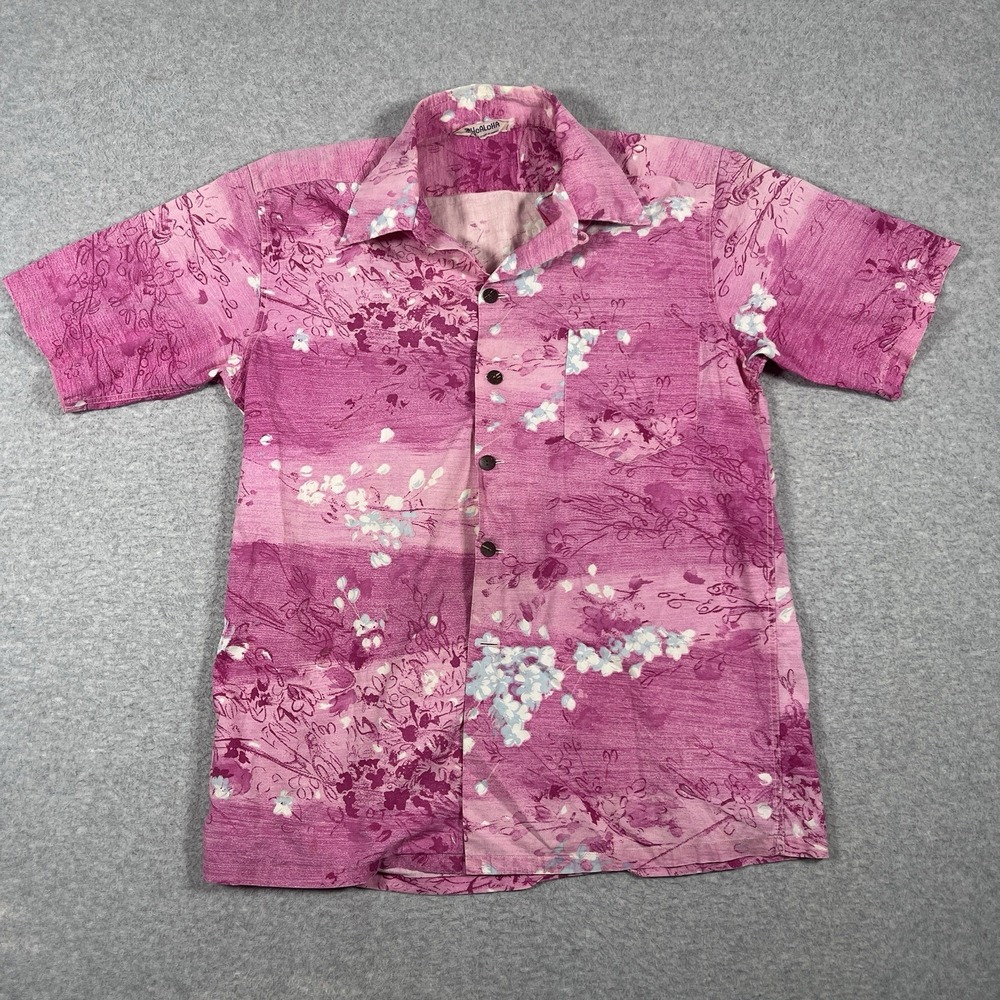 Vintage Hoaloha Shirt Mens Medium Pink Hawaiin Loop Collar Floral 60s 70s Read